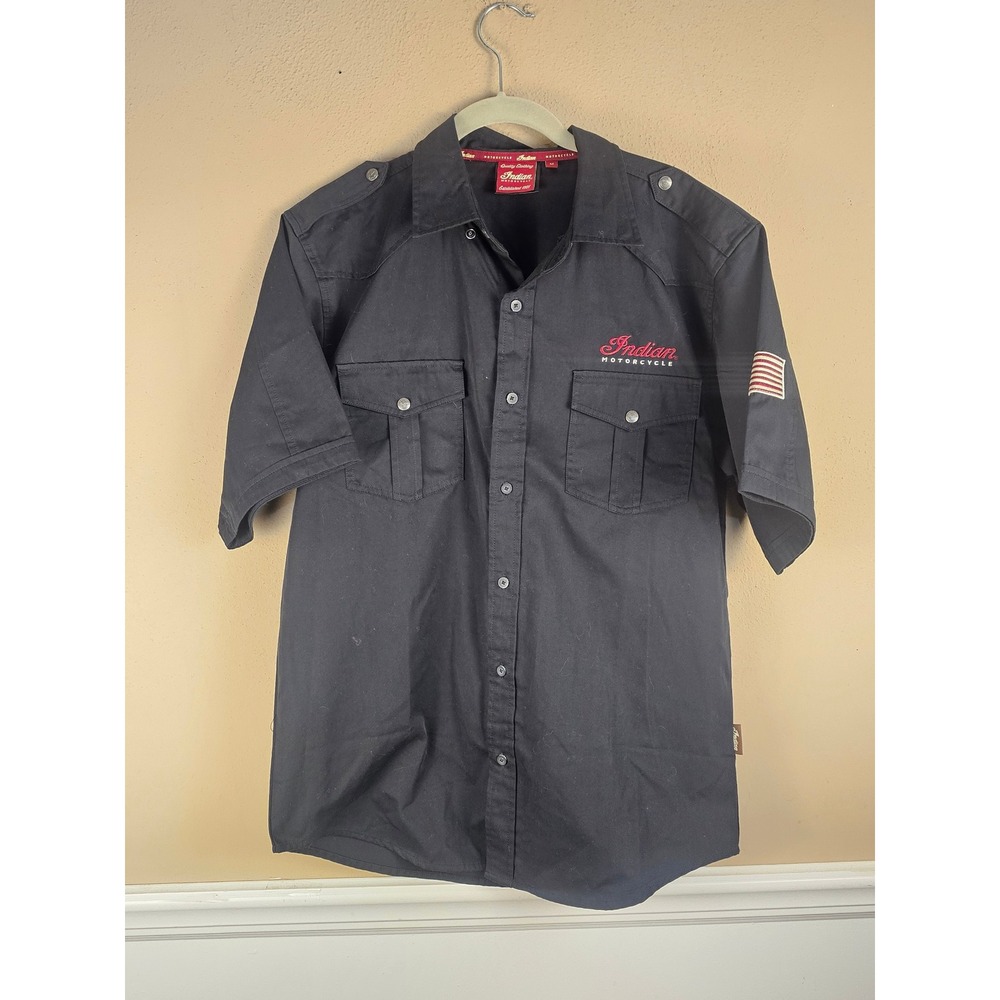 Indian Motorcycle Mens Black Embroidered Short Sleeve Button Down Shirt Medium